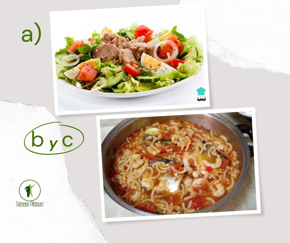 Ensalada de verduras variadas con fideos con caballa